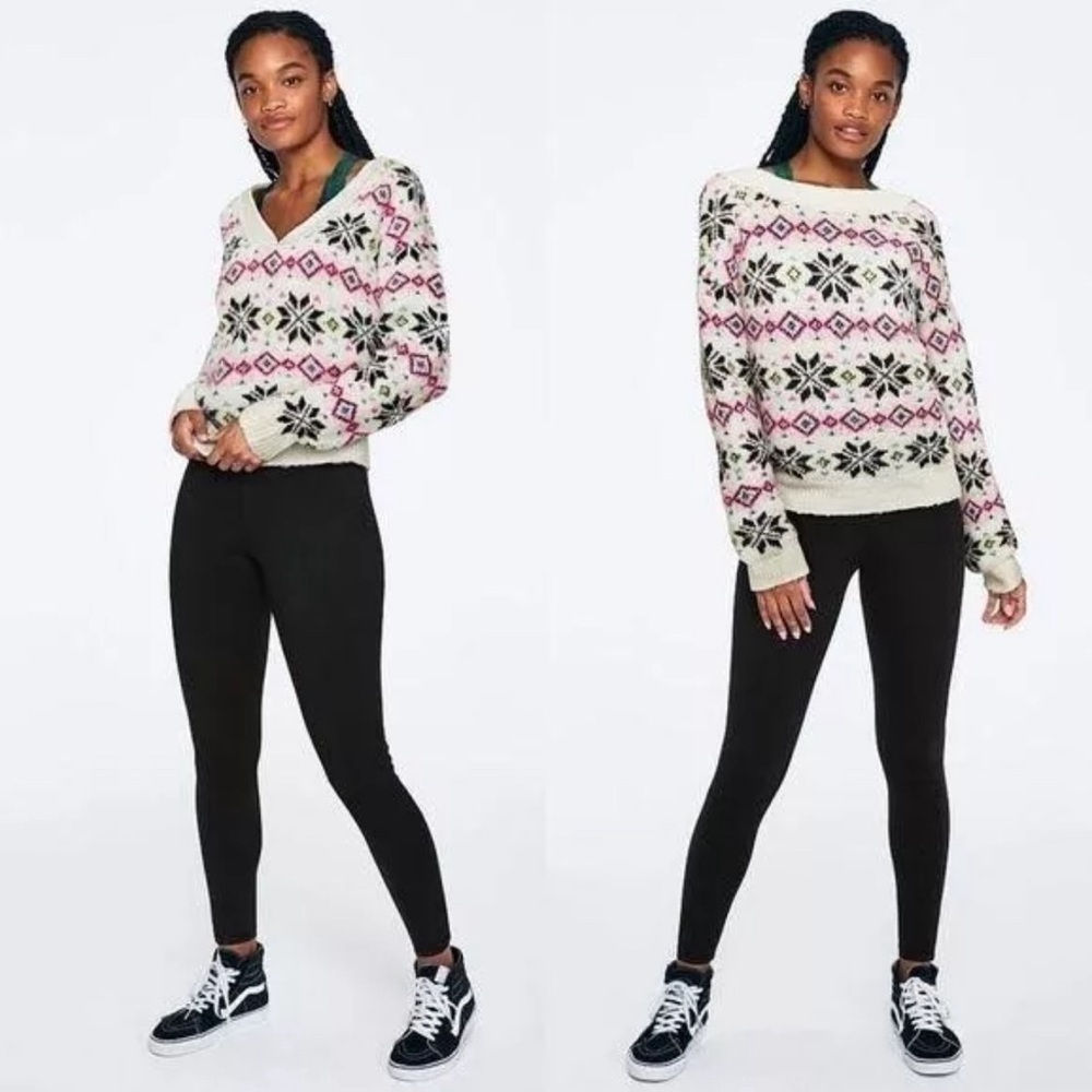 VS PINK Reversible Snowflake Fair Isle V-Neck Sweater